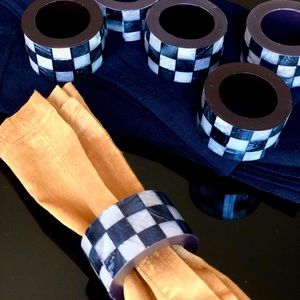 Set of Six Mackenzie Childs Inspired Black/White Mother of Pearl Napkin Rings